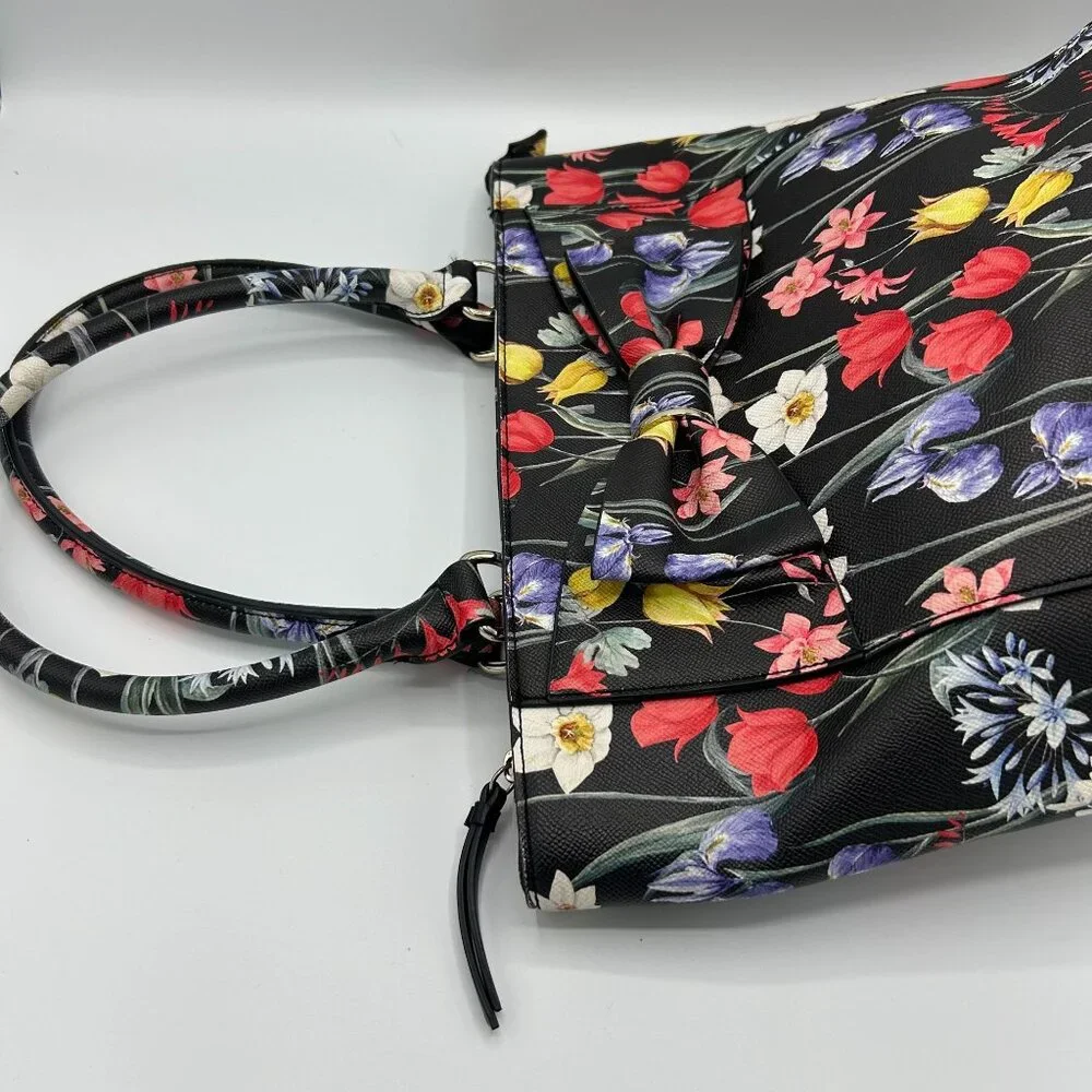 APT 9 Floral Print Handbag Tote With Bow Detail & Multiple Pockets
